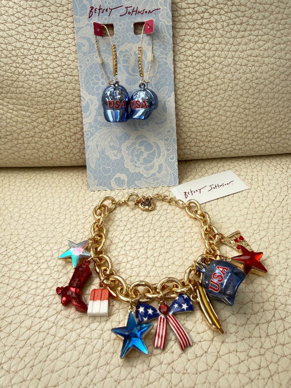 Betsey Johnson bracelet earrings Americana bow USA hat red white blue charms
